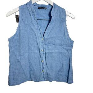 Francesca Bettini Italy 100% Linen Blue Sleeveless Button Front Blouse sz Medium
